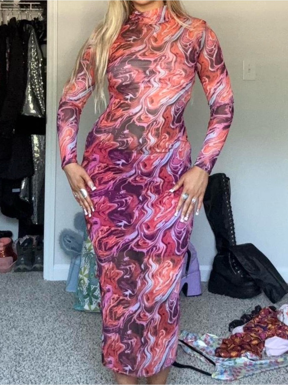 Nasty Gal Pink & Purple Marble Print Mesh Long Sleeve Bodycon Maxi Dress Size 6